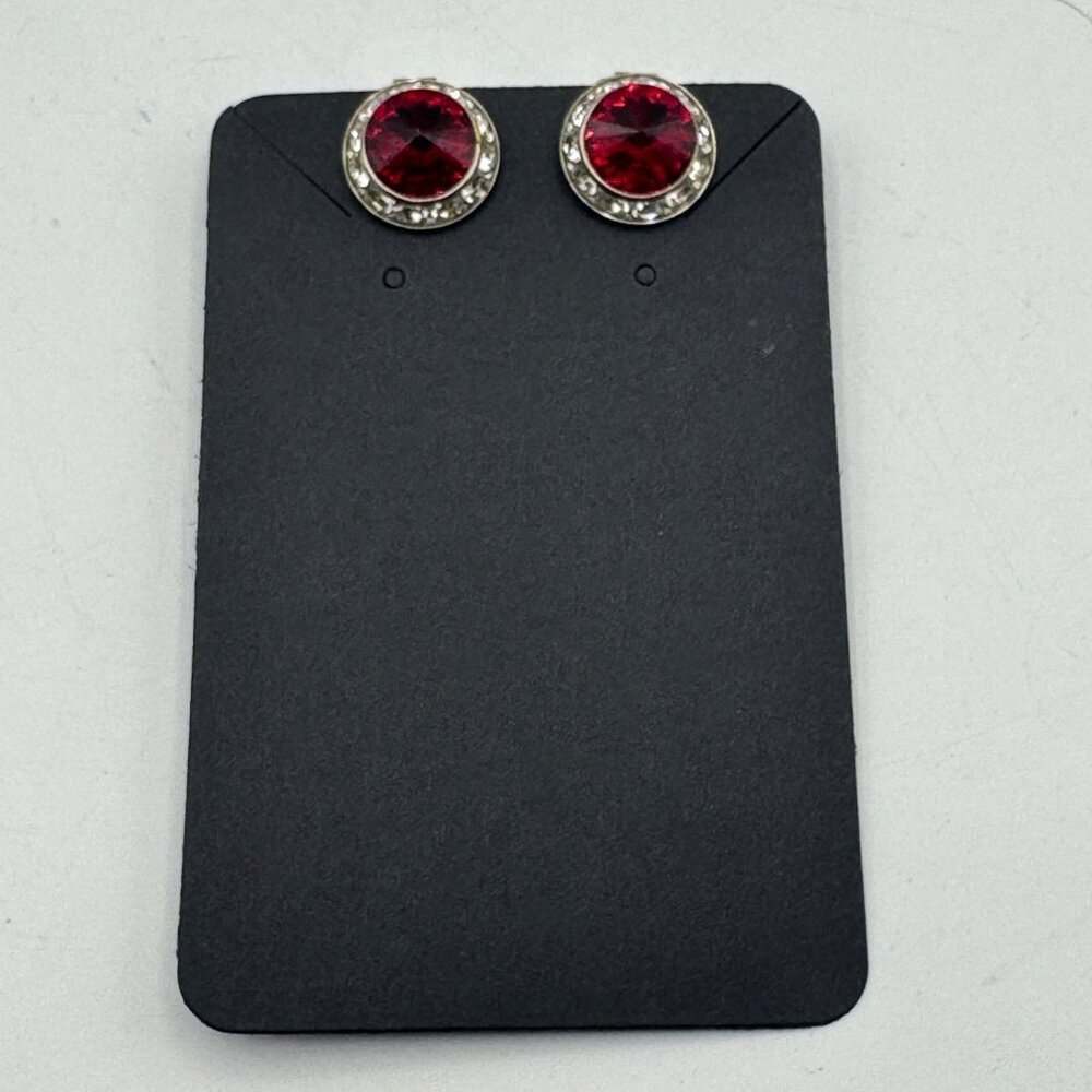 Vintage Silver-Tone Clip-On Earrings With Large Red Rhinestones & Clear Accents